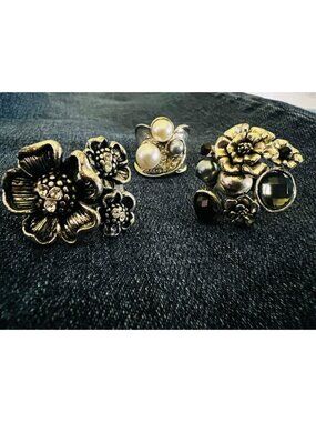 Vintage-Inspired Statement Rings Set With Floral & Pearl Designs Adjustable Size